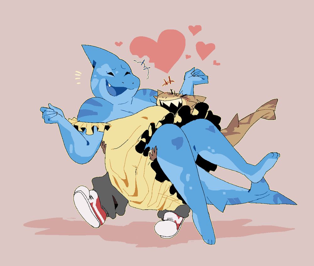 Two shark anthros in an embrace. A shorter tan and striped one in sweats and converse bridal style holds the larger, blue one in a yellow frilly sundress.