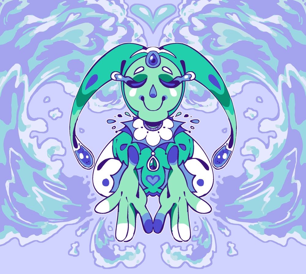 A jester in the colors of the MLM (or gay man) pride flag. His eyes are clothes and he is smiling. His hands are held out bearing his heart. Other hearts are hidden throughout the piece in the wave background behind the clown.