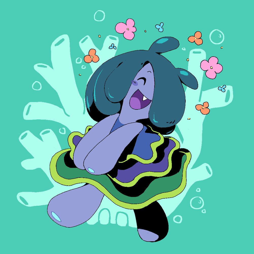A slug creature in a frilled dress cheerfully walking with their hands held in front of them.