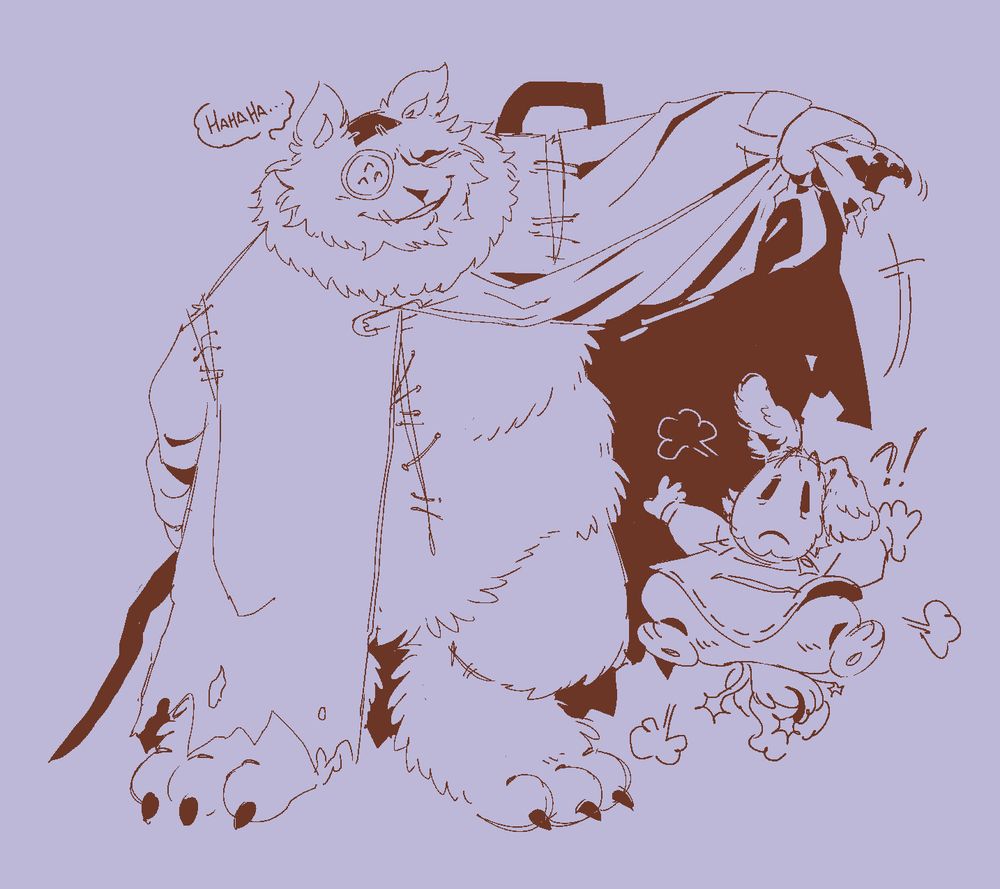 a drawing of seam and ramb from deltarune. Seam is laughing as they lift their cape up to reveal a summoned Ramb. Ramb is confused and falling in mid air.