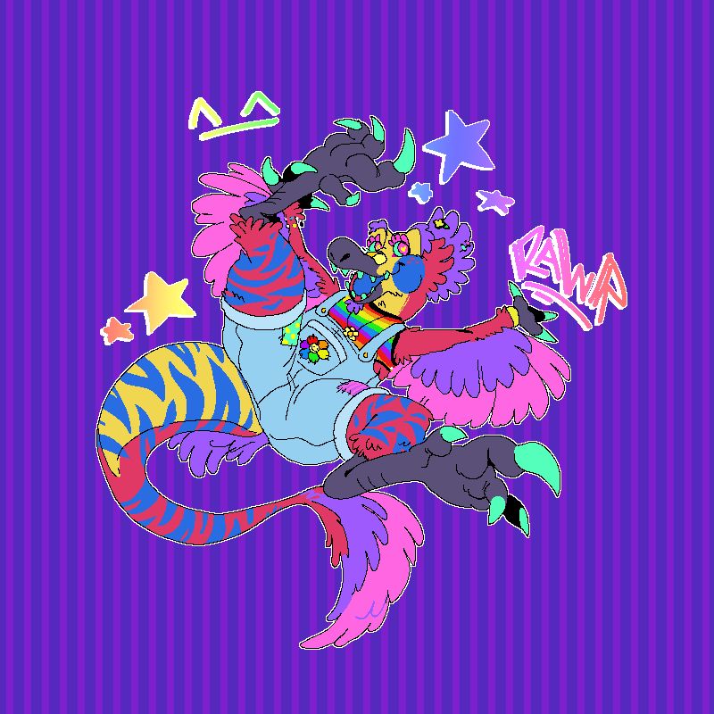 vibrant colored velociraptor posing excitedly with a striped background and rainbow text that says rawr and a kaomoji ( eyestrain warning )