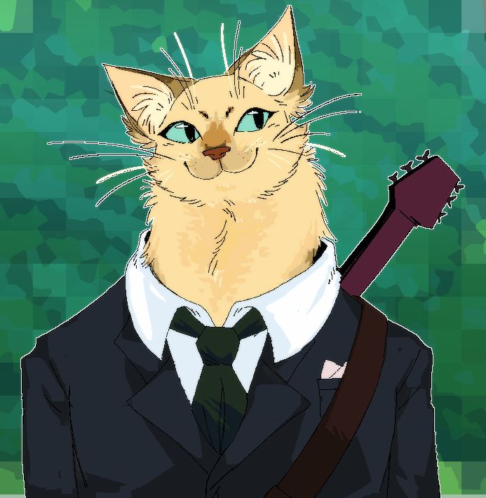 A slightly lilac pointed cat anthro in a grey suit with a guitar strapped on their back.