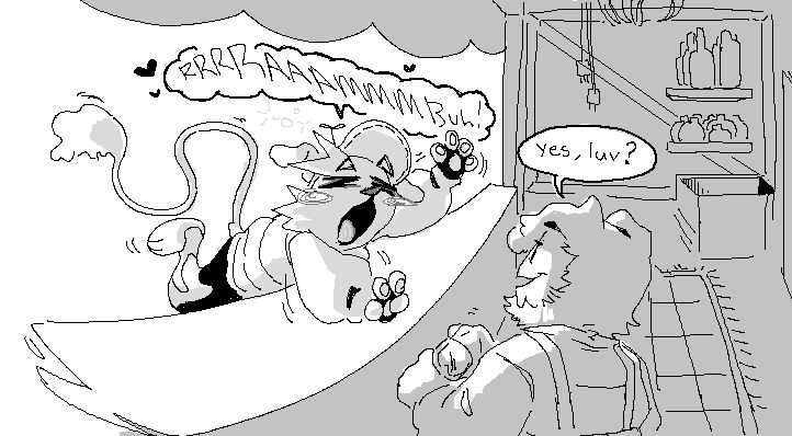 a dog is dramatically throwing himself over the counter going "Ramb-buh!" in an elongated fashion. Ramb is looking at him and cleaning his glass going "yes, luv?" casually.