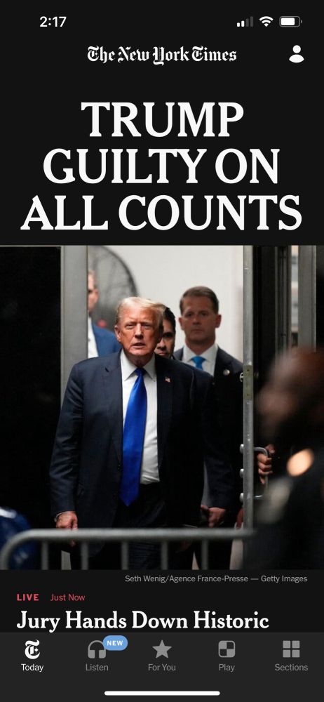 Convicted felon Donald Trump pronounced guilty on all 34 counts in historic NYT headline