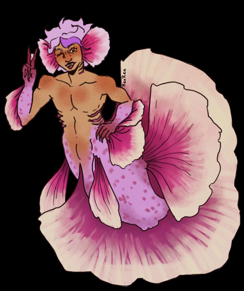 A purple betta fish merman throwing a peace sign. His hair is silver with a purple strand. His other hand is on his hip. He has a playful face expression.