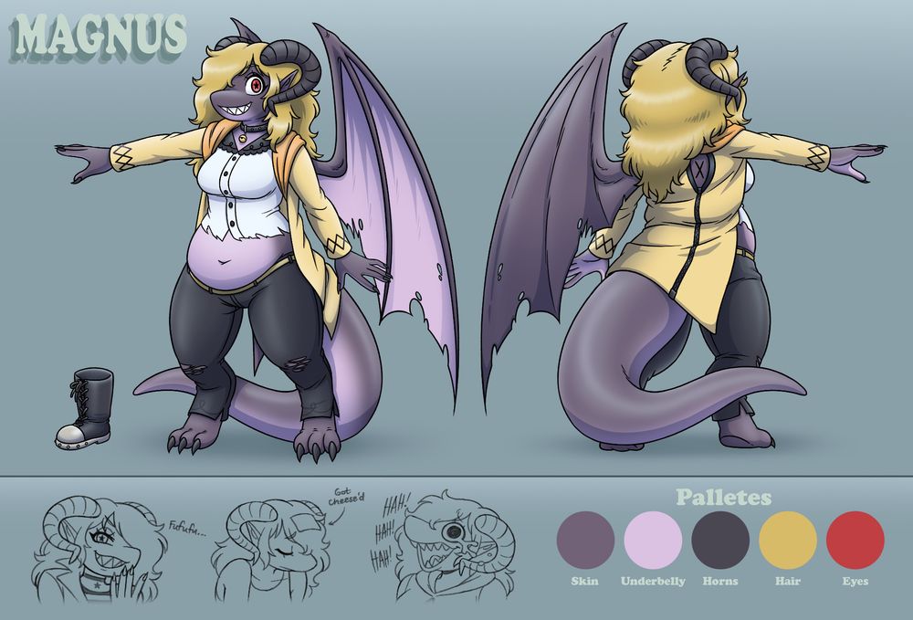 Refsheet of Magnus, a purple antropomorphic dragon with blond hair, a yellow coat, and black pants. They have red eyes with star-shaped pupils. Art by alphametic290/queueqew.