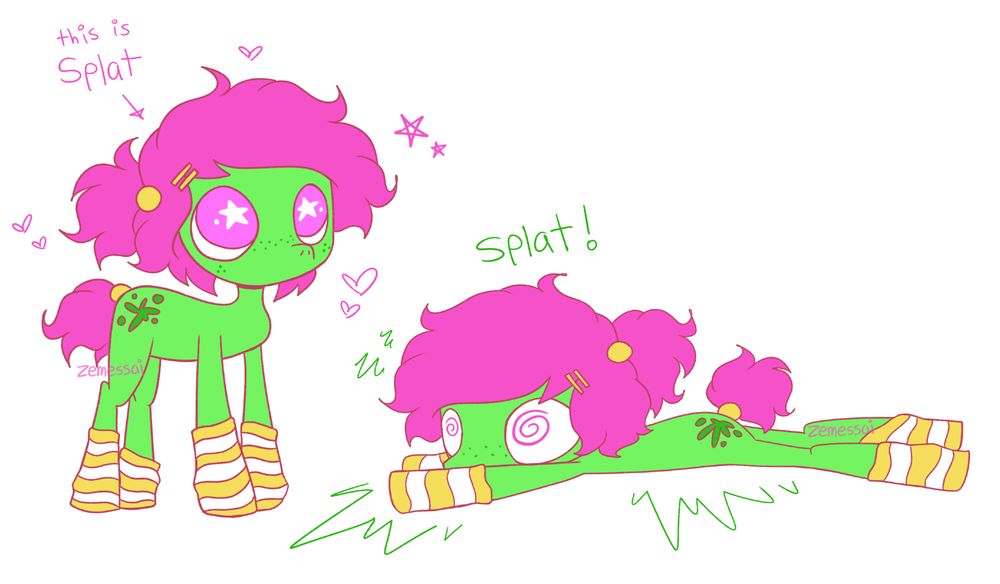 a green pony with pink hair, her name is Splat!
she tends to slip and splat onto the ground