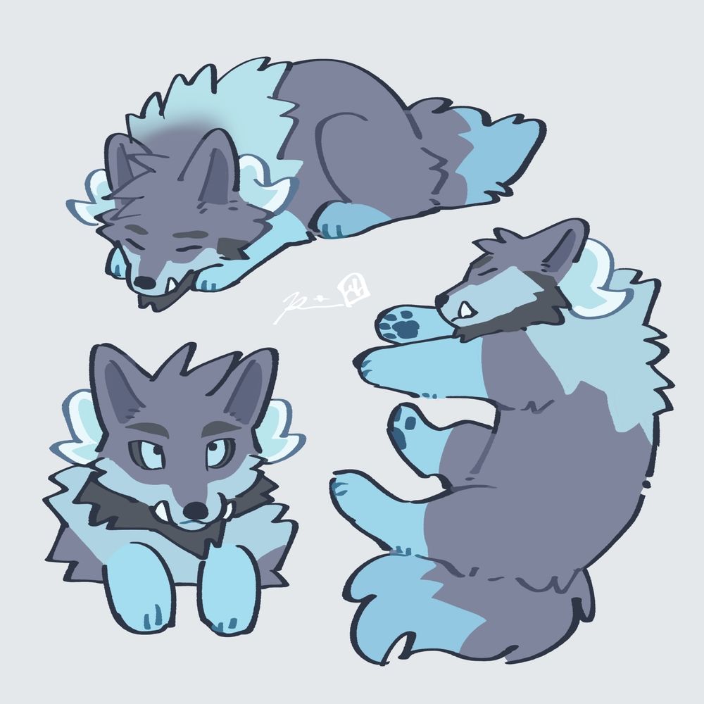 A blue wolf with horns in 3 different poses: first laying down on his front like a dog, second laying on his side with his paws splayed out, and then third sitting up looking right at the viewer. He seems to be extremely tired regardless.