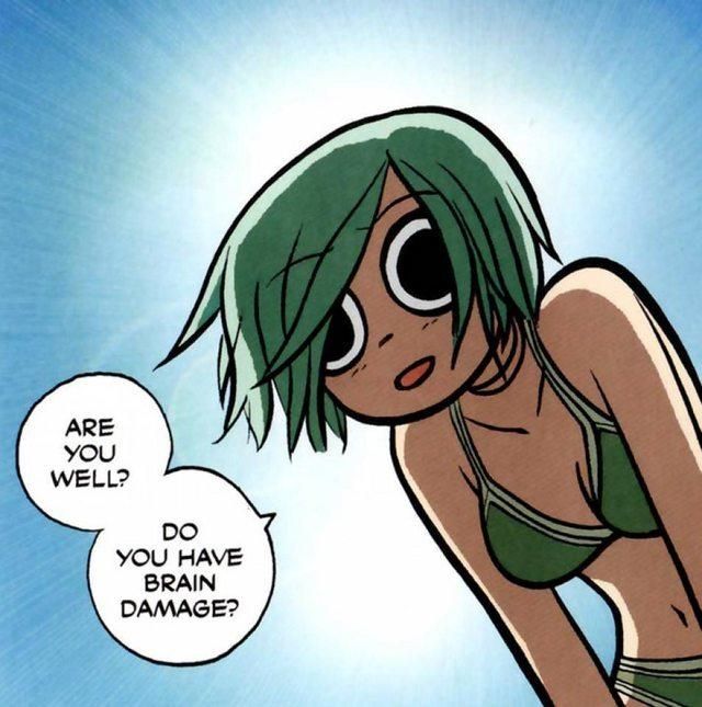 comic of a girl in a bikini standing over someone asking "are you well? do you have brain damage?"