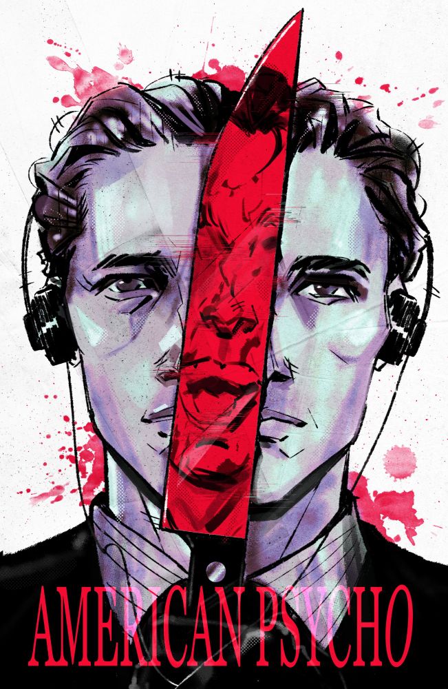 American Psycho poster featuring a purple gray portrait of Patrick Bateman with headphones, divided by a bright red knife with him smiling manically in the reflection. There are red blood splatters behind him and the words 'AMERICAN PSYCHO' overlayed at the bottom with the 'O' slightly tilted to the right.