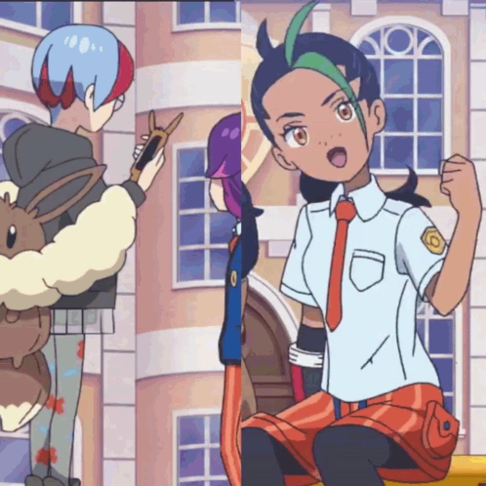 a cartoon drawing of a boy holding an eevee and a girl sitting down