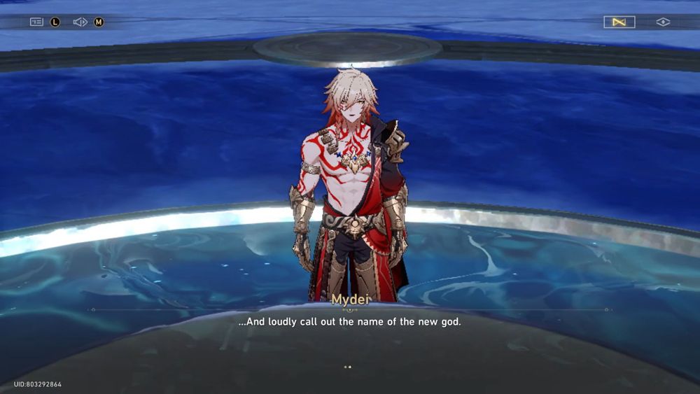 A screenshot of the game Honkai Star Rail. Mydei looks up into the camera, saying, "...And loudly call out the name of the new god."