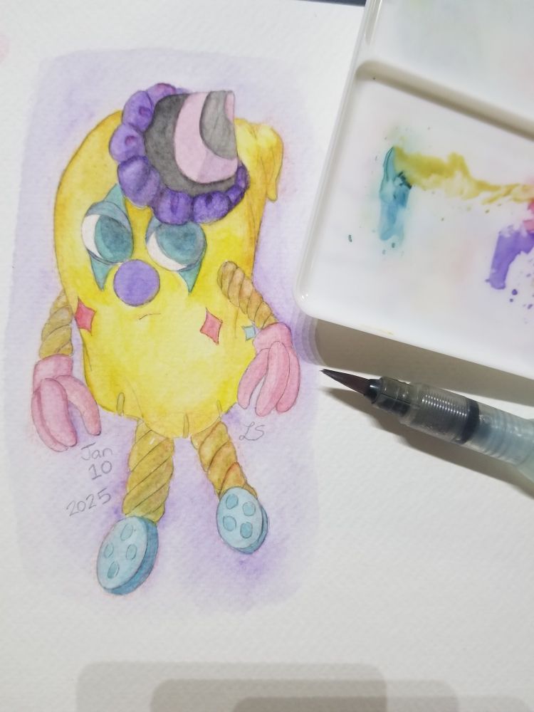 A pencil and watercolor drawing of the character Clown Shoes Sheldon from the game Infinity Nikki. He is depicted fully-colored and strongly-colored, against a light purple background.