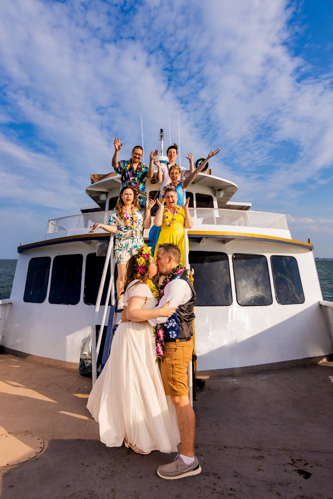 Wedding photo from my wedding of my wedding party cheering my hubby and I