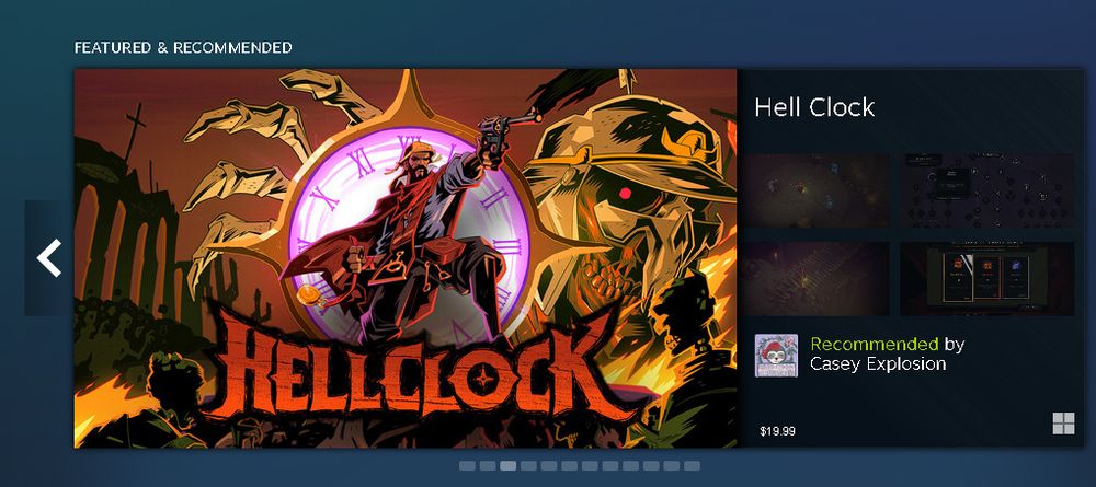 An ad for the game Hellclock, which features a man pointing a gun standing in front of a giant clock face. There's some sort of giant skeleton/demon in the background.