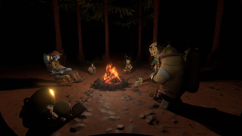 Screencapture from video game Outer Wilds (2019). A sparse and dark forest surrounded a small bright campfire.  Six figures surround the campfire casting long shadows. Four are astronauts with instruments, one is a cowboy alien in rocking char, and the final wearing an elaborate geometric headpiece.