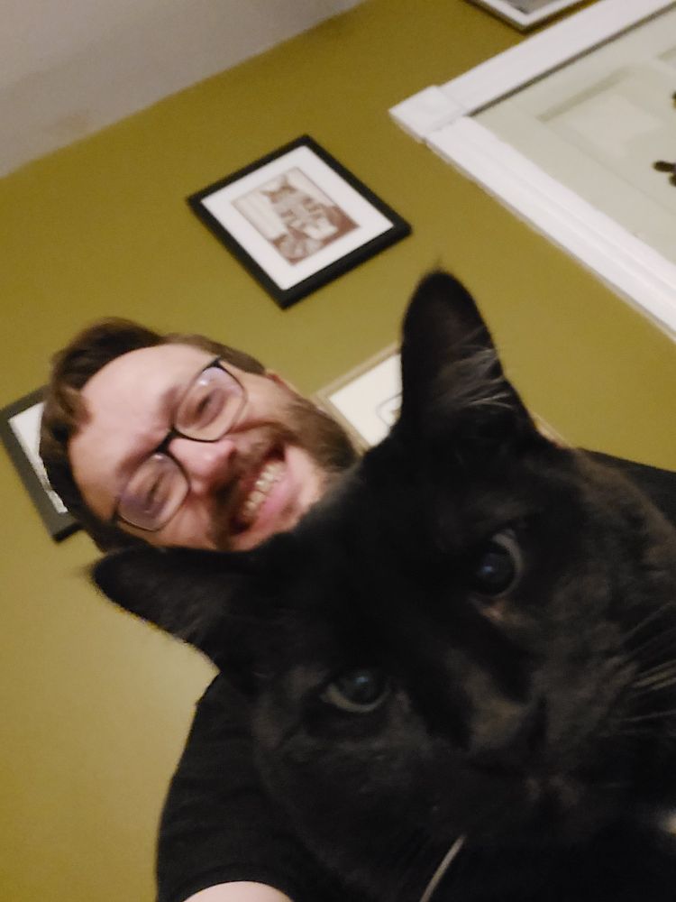 Desiree, a black cat with a white neck button, looks at the camera in her face with a bit of disdain. Behind her, a middle aged white man with glasses and a beard smiles like a jester. On the wall behind him is some framed prints on the wall. Visible one is that of a cat. The middle aged man is a cat gentleman