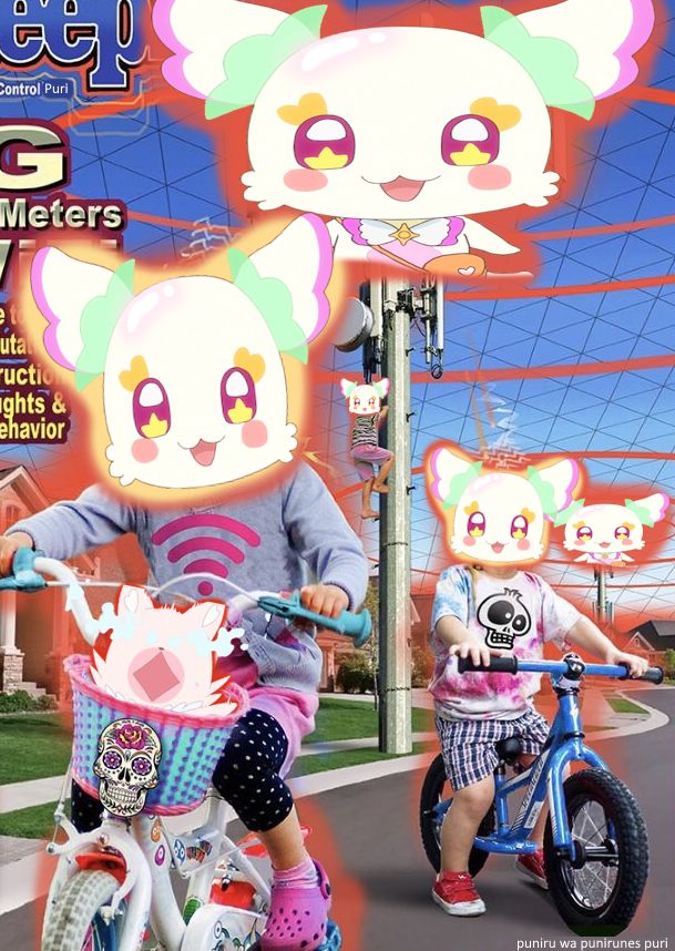 An edited photo with bald purirun's face on a cell phone tower with red gradient lines everywhere and kome kome screaming on a bike basket. Characters from the Precure series (Kimi to Idol, You and Idol, Kimipre/Delipapre, Delicious party, Depapre)