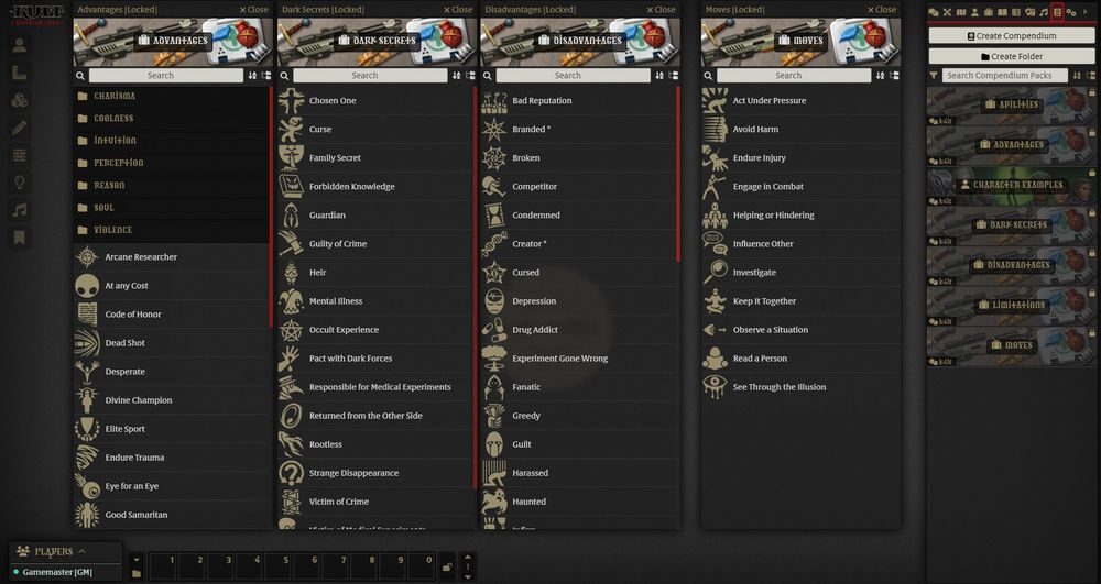 Screenshot of the Kult: Divinity Lost system on Foundry VTT