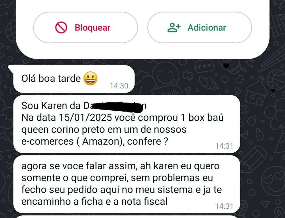 Conversa de WhatsApp com vendedora de loja de móveis: "agora se voce falar assim, ah karen eu quero somente o que comprei, sem problemas eu fecho seu pedido aqui no meu sistema e ja te encaminho a ficha e a nota fiscal"