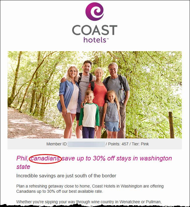 An ad from Coast Hotels offering Canadians 30% off to stay in one of their Washington State properties.