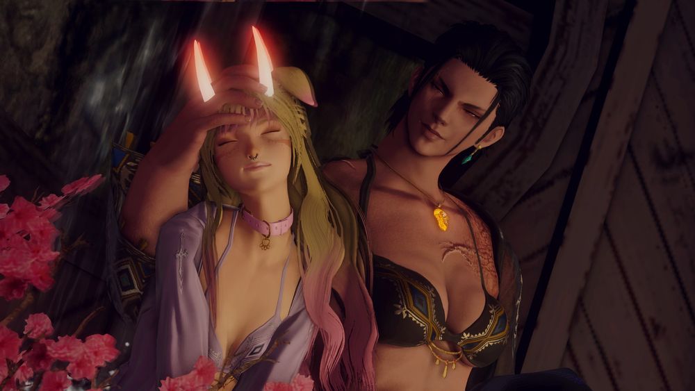 a taller strong woman pets a smaller woman with doggy ears and horns, the puppygirl is leaning into the pet with a content expression on her face