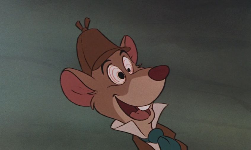 Basil from Disney's The Great Mouse Detective smiling wide with ringed eyes