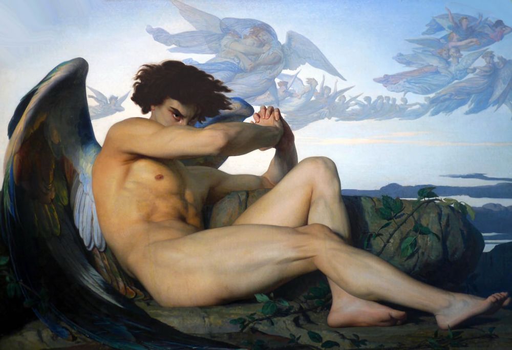 the fallen angel by alexandre cabanel but the hair and face is edited to look more like luigi mangione