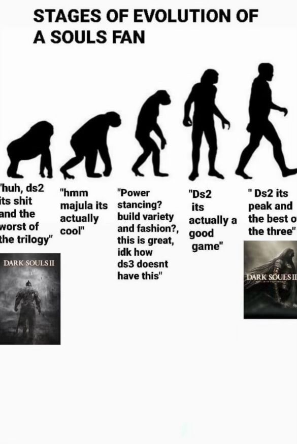 a meme describing the stages of evolution of a souls fan with the first stage not enjoying dark souls 2 and the final stage accepting that it's actually the best in the trilogy