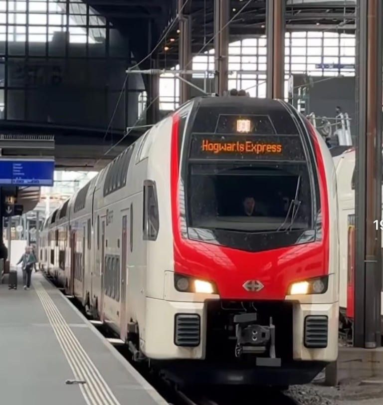 In einem Bahnhof steht ein Zug, weiss mit roter "Nase", abfahrtsbereit. Er ist mit "Hogwars Express" angeschrieben. Der Zugführer wollte den Menschen eine Freude machen. 