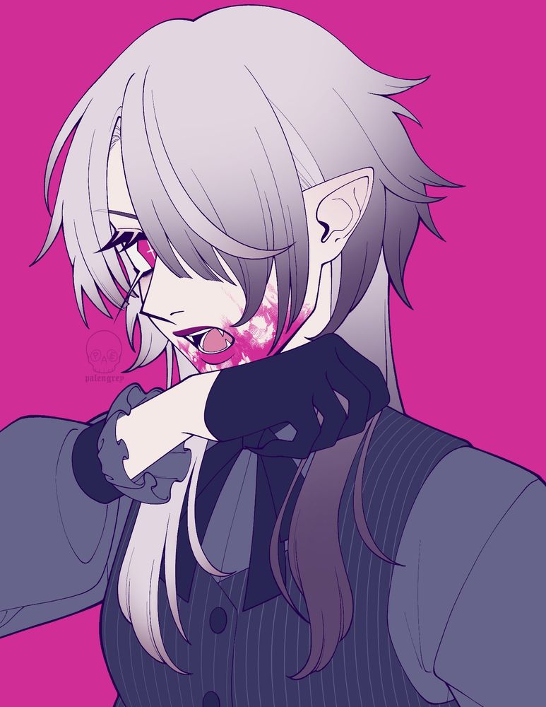 palengrey alternate version for halloween 2023, their hair is grown out and mostly white, using a gloved hand to wipe blood off their face. they are wearing an ouji inspired outfit