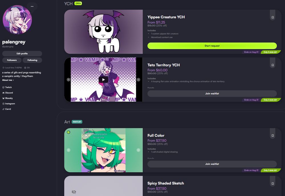 a screenshot of my vgen page and services which are 25% off for the next week!