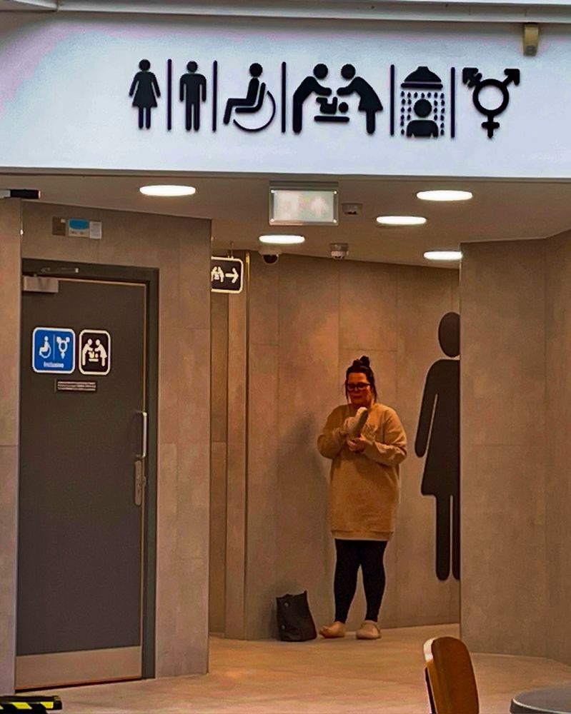 Sign for toilets including symbols for female, male, disabled, baby changing, and transgender.