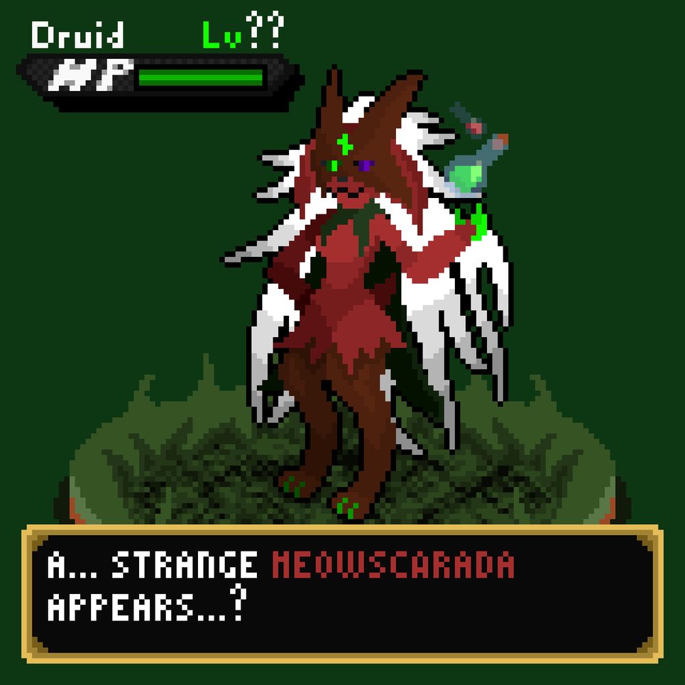 Red Meowscarada Druid with potion vials instead of the usual flower and a wooden mask

