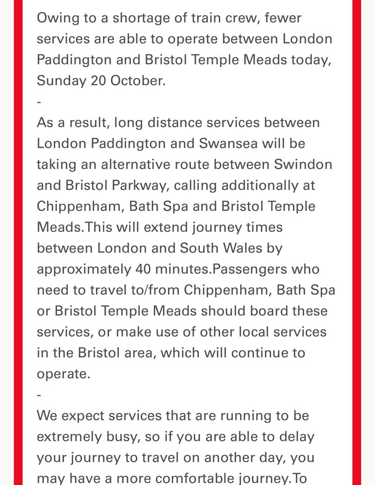 Screenshot of GWR disruption warning of fewer services are running between London Paddington and Bristol Temple Meads. Trains from Swansea will take a detour via Chippenham, Bath Spa, and Bristol Temple Meads, adding 40 minutes to journey times. They advise to travel on another day.