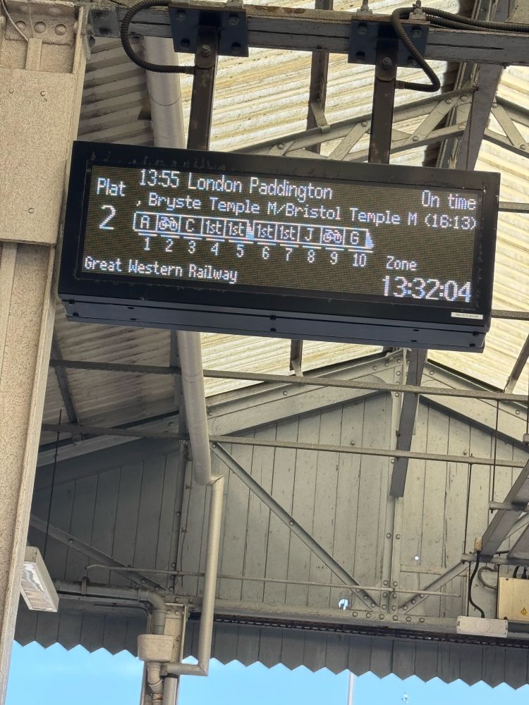 Train departure board at Swansea. Showing a London Paddington train calling at Bristol Temple Meads.