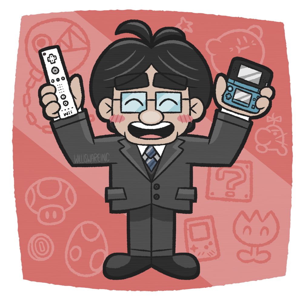 tribute art of satoru iwata, the former president of nintendo and ceo of nintendo of america who passed away on july 11, 2015. this drawing depicts a cartoon version of iwata smiling while holding a wii remote and 3ds. he is wearing a black business blazer and blue striped tie. in the red background are drawings of a super mushroom, coin, yoshi egg, ? block, fire flower, and chain chomp from the super mario series, a game boy, mr. saturn from earthbound, and kirby.