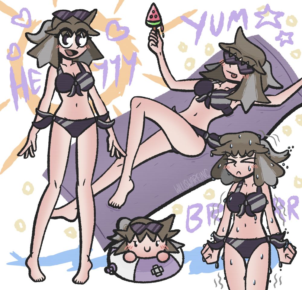 at left: my original character alu, a 24-year-old tomboy with brown hair (with silver streaks), poses in a dark purple bikini with silver stripes. In the background is an orange sun, violet hearts, and text that says “heyyy.”

at right: alu lounges on a purple towel while wearing sunshades and holding a watermelon popsicle. around her are yellow circles that represent sand. violet text says “yum.”

at bottom right: alu shivers from how cold the ocean water is, with several water droplets on her body and her hair drooping and looking rounder due to it being wet. below her in the background are blue waves representing water.

at bottom center: a chibi version of Alu rides a purple and white inner tube.