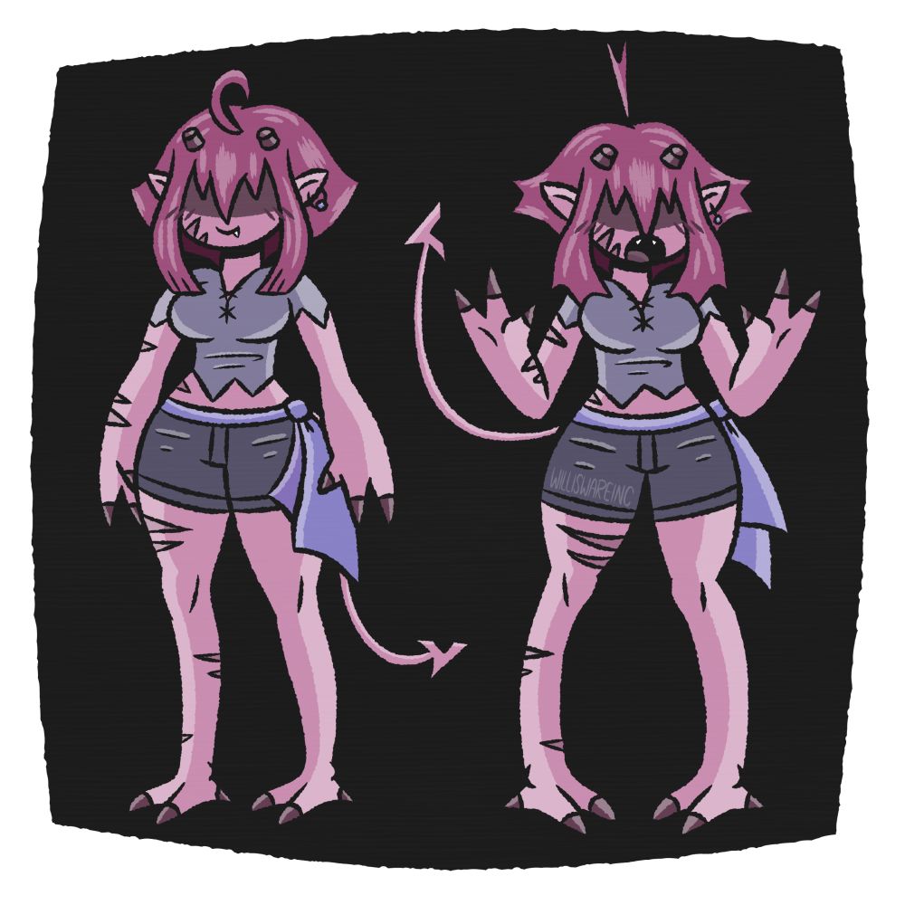 concepts drawings of a cute monster woman original character named "cappy."

description: she is a pink-colored demon/elf-like woman with a pear-shaped figure, thick arms with three clawed fingers each. her feet are also monster-like, with just 3 clawed toes. She has a long thin tail with a chipped spike at the end of it. she had short shiny megenta hair with two long tufts running down to her shoulders, two dark red horns that have been filed flat, and a long cowlick on the top of her head. her eyes are hidden behind her hair's shadow and she had a fanged mouthed and two pointy hairs, the right of which contains a blue jewel ear ring. the right side of her body has several dark pink scars on her arm, leg, and face. her clothes consist of a dark purplish  blue tunic cut off at the waist, exposing some midriff, large dark purplish blue shorts held together by a blue sash. 

at left: cappy stands still smiling. art right: she looks surprised or scared, legs crossed (pigeon-toed), mouth agape with two fangs exposed, and her magenta hair frizzled. her arms and tail are raised.