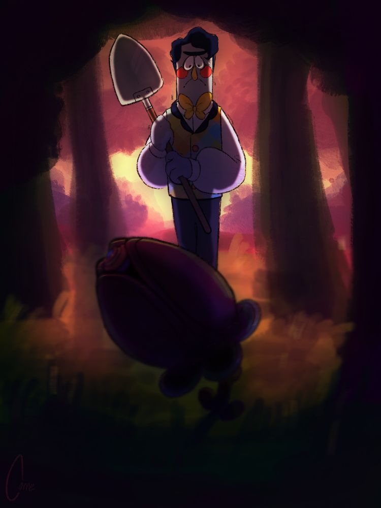 Frank frankly stands under the cover of the forest, the light of dawn backlights him as he holds a shovel. Frank is staring at the black flower with unease 