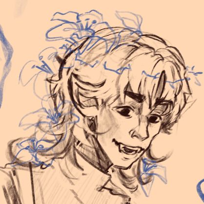 a black and white sketch of a smiling elf, lilies growing from his hair