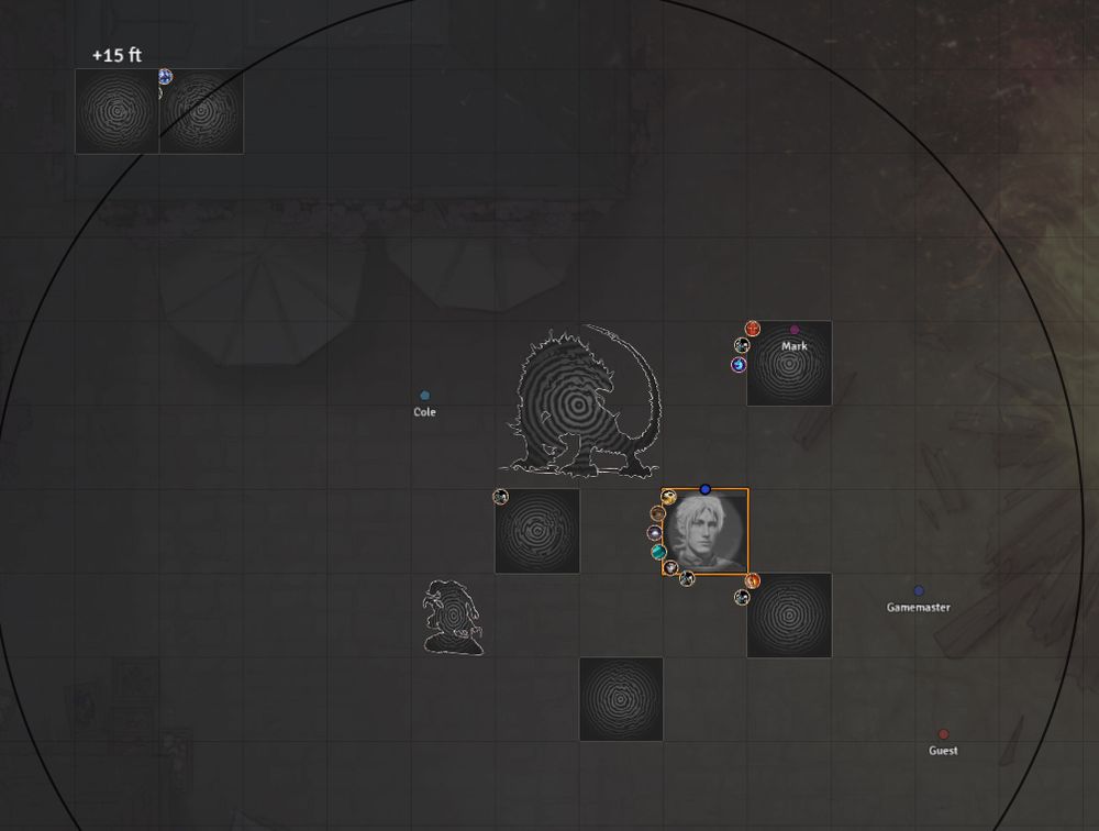 A map with a grid layout on top. The map is monochrome, indicating that the player is bleeding out in combat