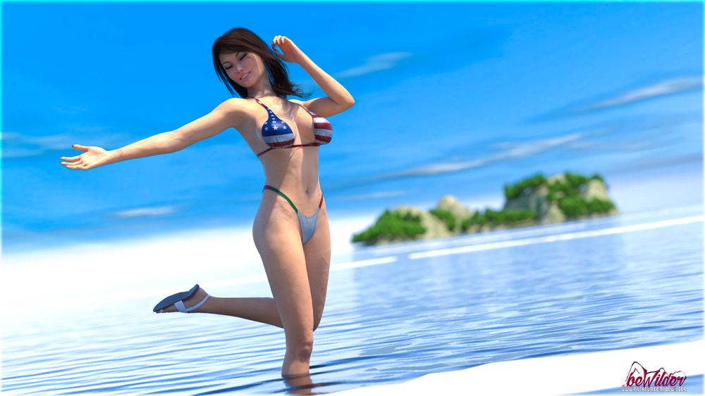 A concept from the game Noemi's Toscana Rebirth. Noemi is dancing in knee length sea water, while wearing a USA flag bikini top and Italian flag bottoms to show off her mixed heritage.