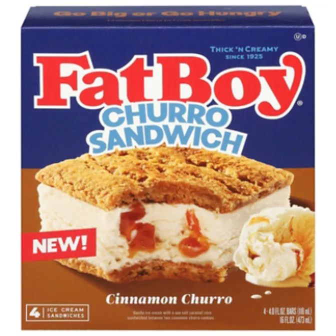 Fat Boy brand, Cinnamon churro ice cream sandwiches with little strips of creamy caramel on the inside. 