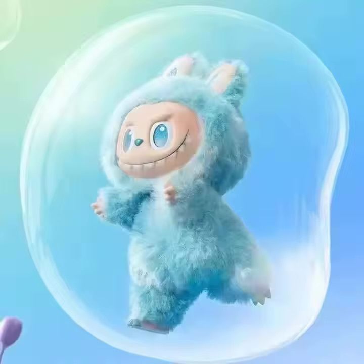 Labubu: Big into Energy, The LIGHT AQUA BLUE ONE with AQUA BLUE Toes, bose, and eyes, as well as one aqua tooth. She is Floating in a bubble like some stoned lil weirdo!!!