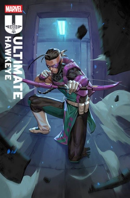 A variant cover for ULTIMATE HAWKEYE VOLUME 2 issue 1, showing Charli Ramsey as Hawkeye kneeling on the ground with a bow and arrow while wind rushes behind them.