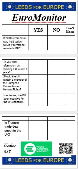 Leeds for Europe has a street stall in Lands Lane, Leeds city centre, on Saturday 9 August 2025, from 12.30pm. Here are this month's questions from its EuroMonitor/Brexitometer pop-up poll.