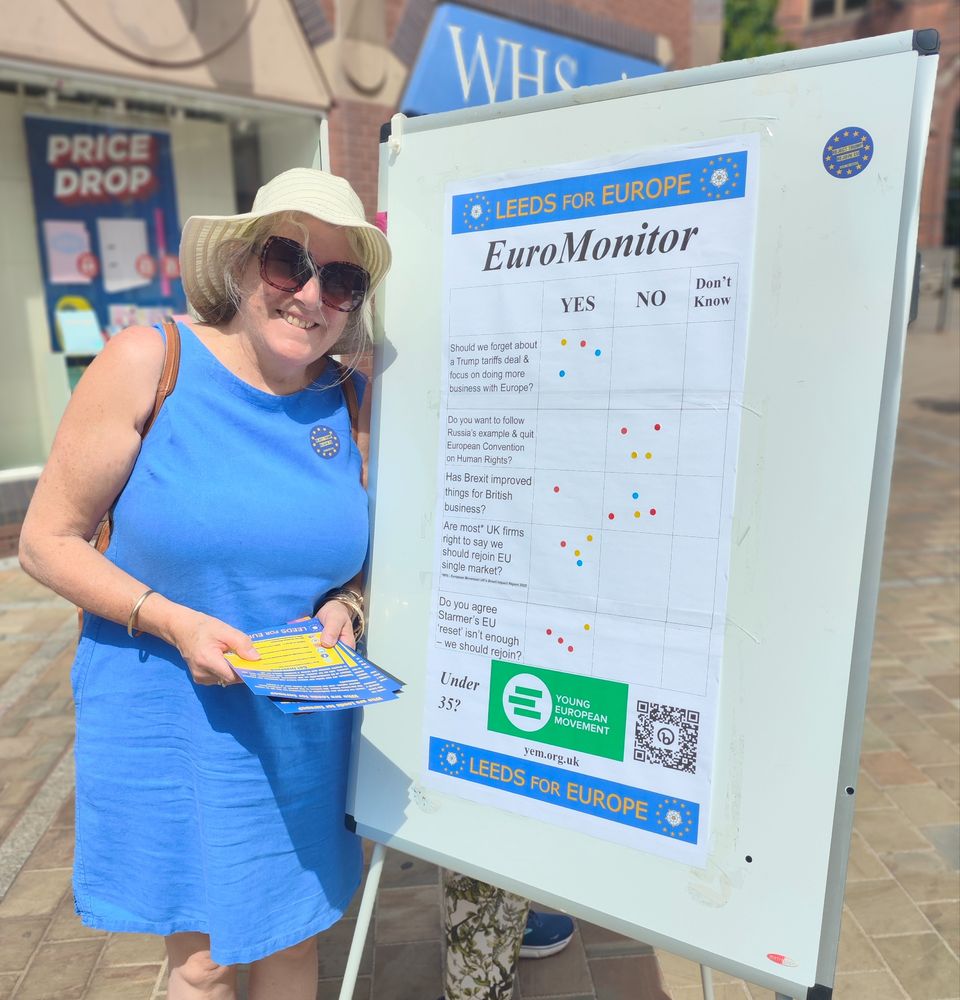 Leeds for Europe's street stall in Lands Lane, Leeds, tomorrow (Saturday 9 August 2025 - from 12.30pm) will feature its popular 'EuroMonitor' pop-up poll.