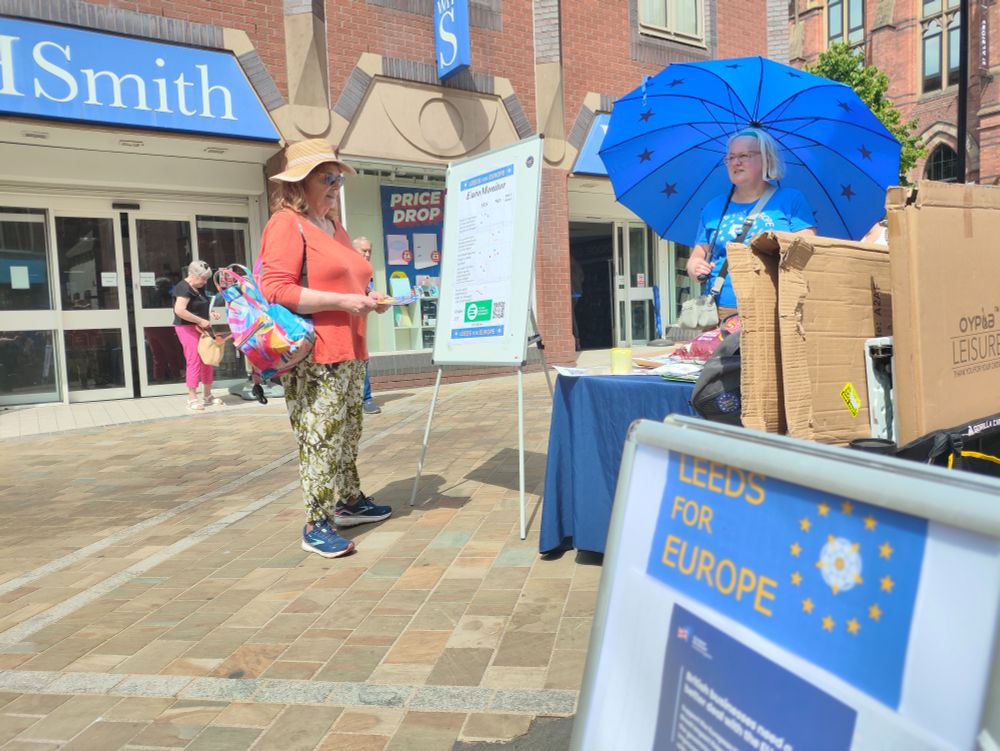 Leeds for Europe's street stall on Saturday 9 August 2025 (from 12.30pm) will again be in Lands Lane, Leeds - outside WH Smith's.
