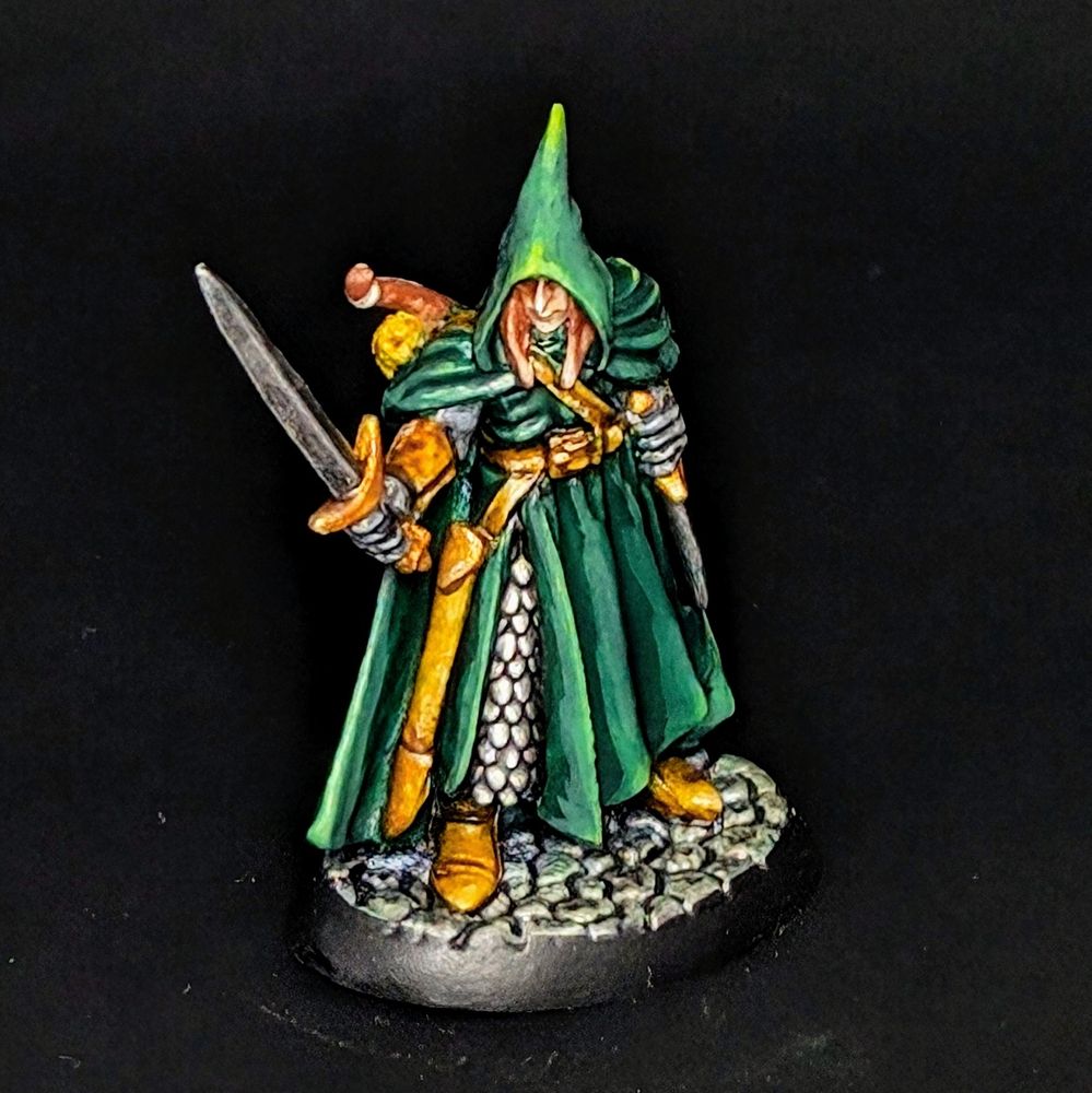 An elven ranger in a green cloak. He has a sword and a dagger, scale male, and a bow strapped to his back. His hood is flowy and pointy. Front view. 